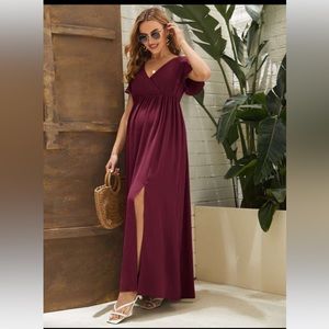 SHEIN Maternity Surplice Neck Split Hem Burgundy Dress